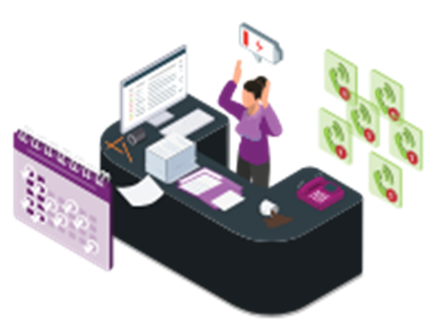 14-bottlenecks an illustration of a front-desk worker overwhelmed with outstanding tasks