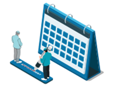 15-schedules an illustration of two healthcare workers looking at an oversized flip calendar
