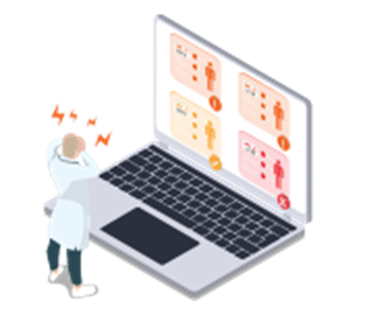 16-records an illustration of a clinician appearing stressed, looking at an oversized laptop screen that appears to contain errors on multiple patients' records