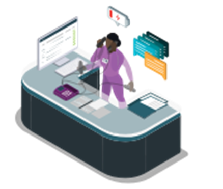 17-burnout an illustration of a front-desk healthcare worker managing lots of tasks at once. A low-battery icon is displayed above her head, indicating that she does not have the capacity to handle this many responsibilities at the same time.