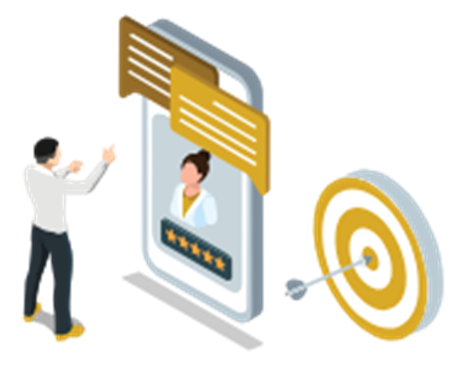18-quality an illustration of a patient communicating with a provider via a mobile phone. The provider has a five-star rating underneath her image on the phone screen, and there is an oversized bullseye to the right of the phone.