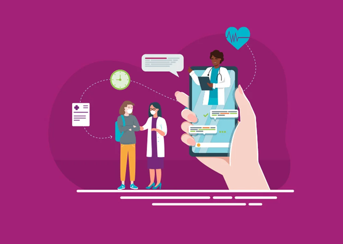 6-digital illustration depicting several steps in the patient intake process