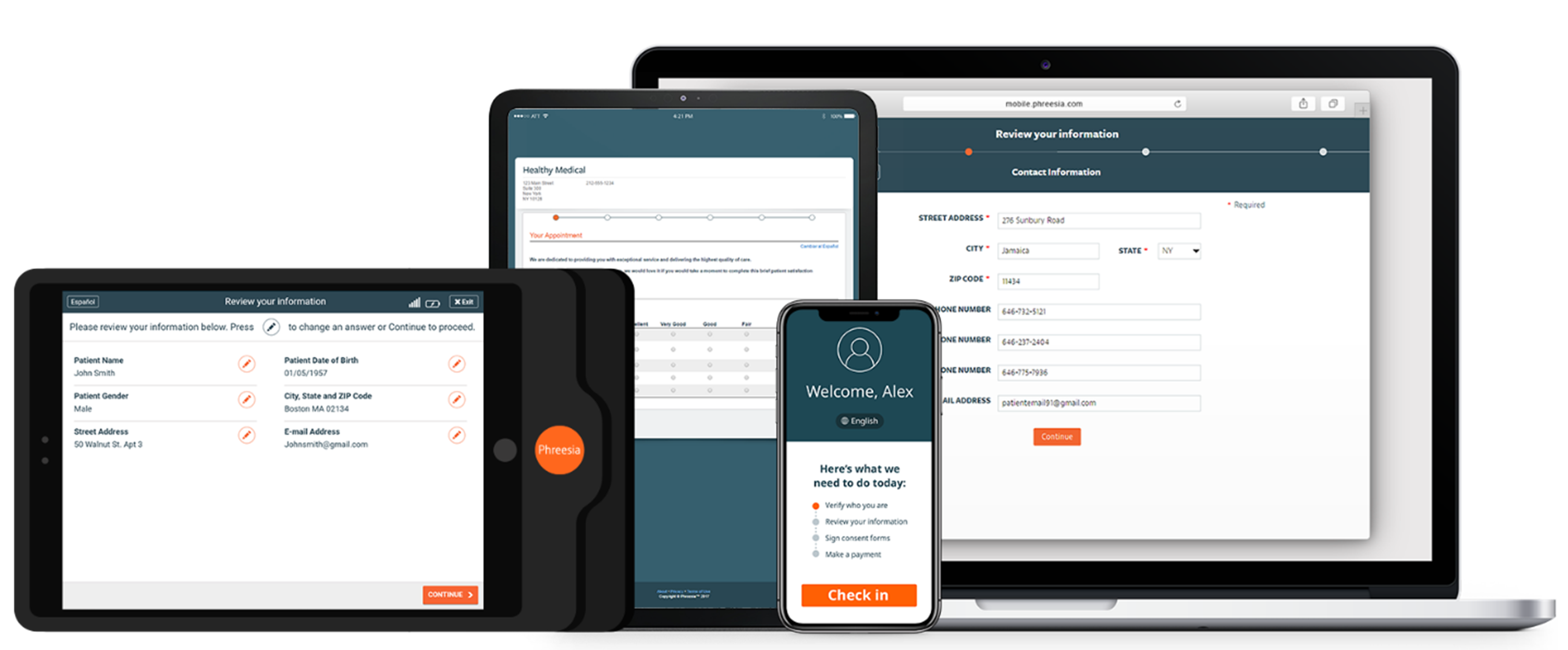 7-checkin digital patient intake workflows shown on a tablet, iPad, mobile phone and laptop